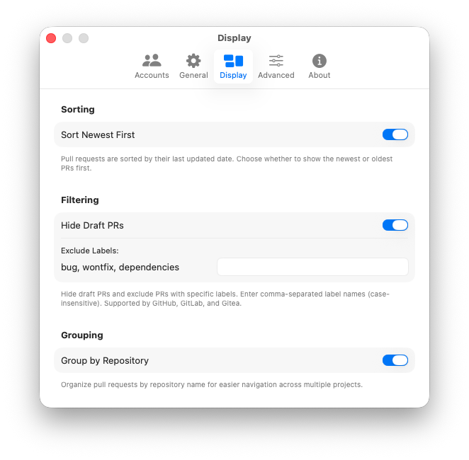 PRs MenuBar settings window